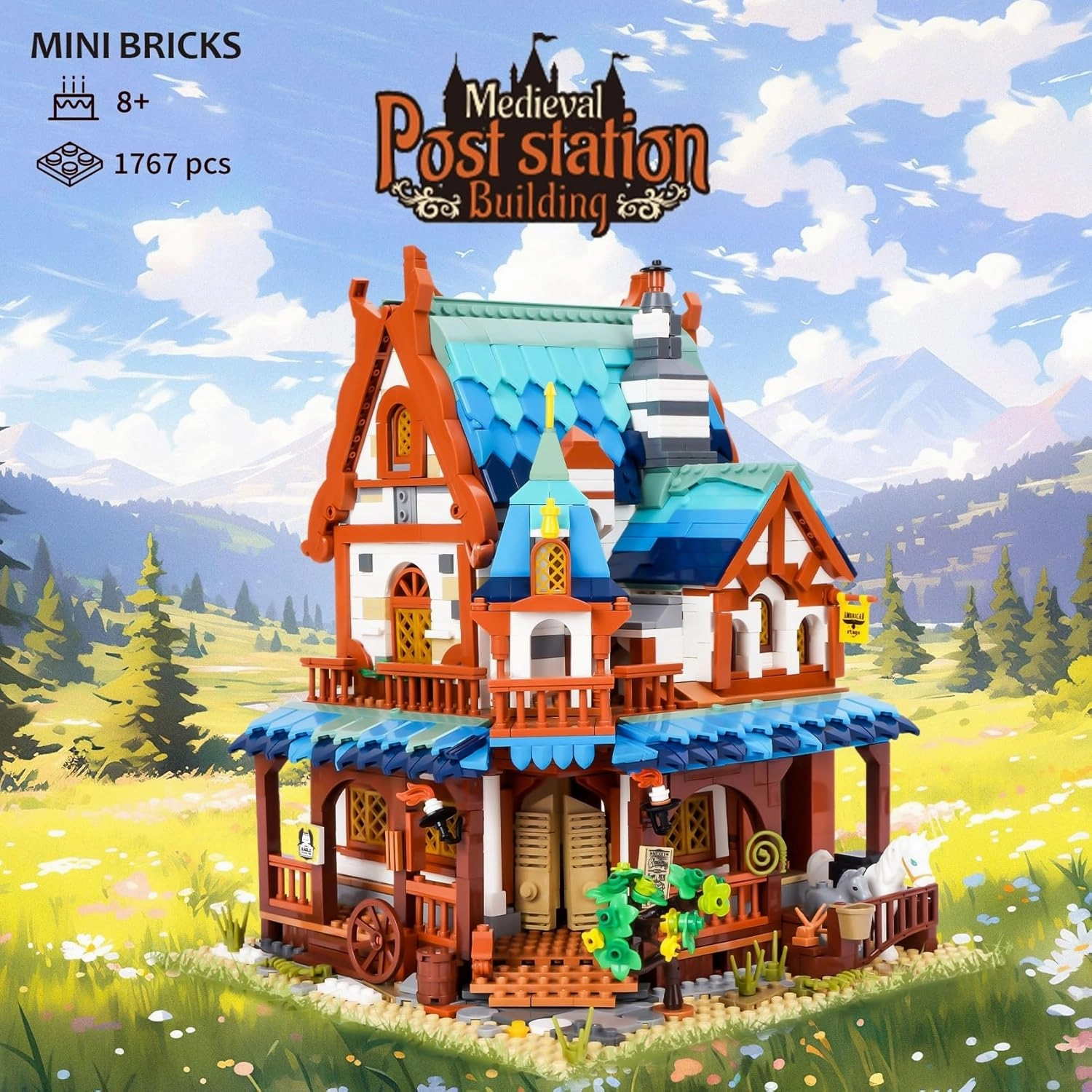 Oichy Medieval Building Blocks for Adults, 1767 PCS Creative House Building Kit, Medieval Post Station Architecture Model Cabin Kit, Mini Blocks Ideas Gift for Kids 8 