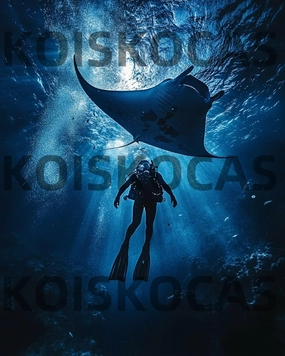 Oil Painting Style Diver with Manta ray and Fish The Product uses Wooden puzzles-1000PCS for Adults and Children to Brainstorm, Game Nights, Home Decor, and Gifts