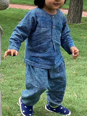 Organic Check Kurta With Matching Pants Indigo