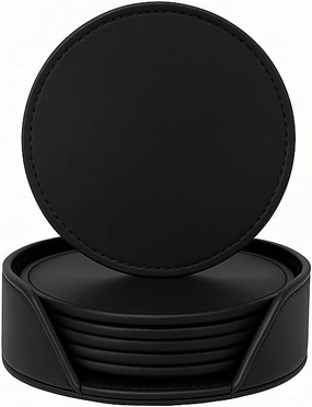 Original Leather Round Drink Coasters with Holder, Leather Bar Coasters for Drinks Set of 6 Coasters with Holder for Coffee Table,(Black, Brown, Cognac, Green, Blue) Size 4 Inches