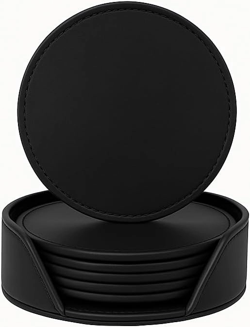 Original Leather Round Drink Coasters with Holder, Leather Bar Coasters for Drinks Set of 6 Coasters with Holder for Coffee Table,(Black, Brown, Cognac, Green, Blue) Size 4 Inches