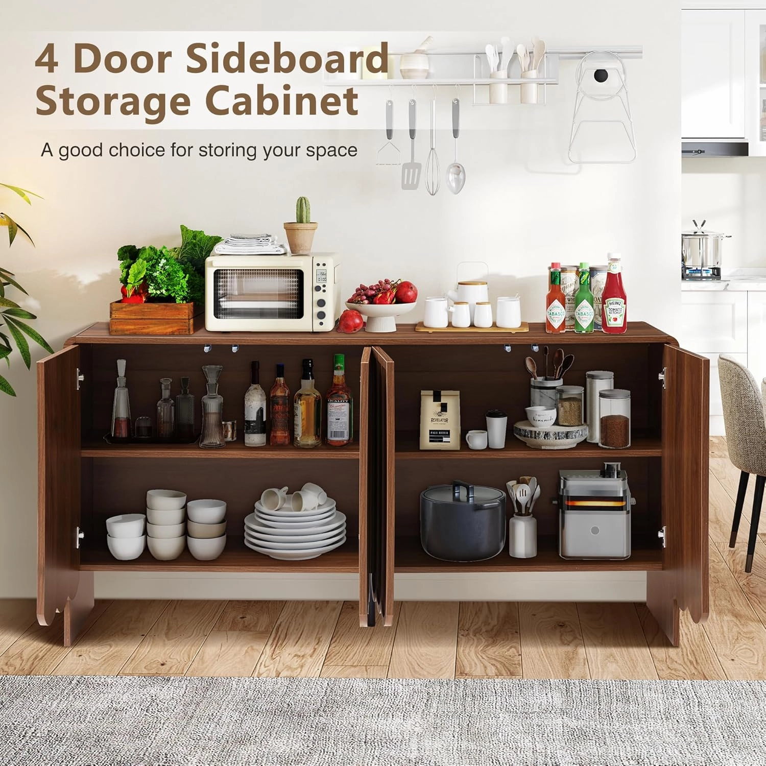 ORRD Sideboard Buffet Cabinet, Accent Storage Cabinets with 4 Doors, Farmhouse Wood Cabinet with Adjustable Shelves and Wave Panel for Living Room, Dining Room, Entry - Walnut