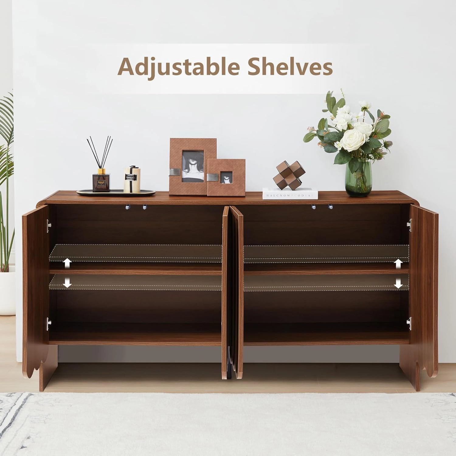 ORRD Sideboard Buffet Cabinet, Accent Storage Cabinets with 4 Doors, Farmhouse Wood Cabinet with Adjustable Shelves and Wave Panel for Living Room, Dining Room, Entry - Walnut