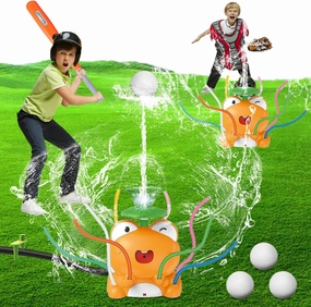 OSQ 2-in-1 Baseball Water Sprinkler for Kids, Water Sprinklers Outdoor Toy with 4 Balls, Summer Outdoor Water Play for Boys and Girls, Connects to Garden Hose, Water Sprinkler Toys for Kids Ages 4-8
