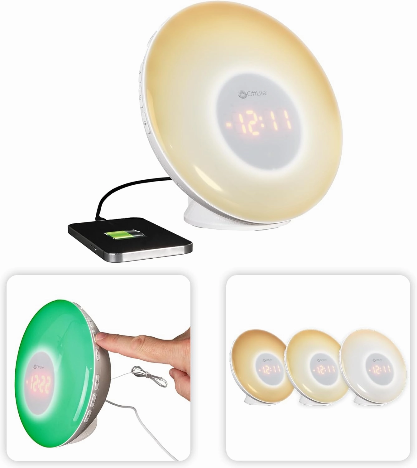 OttLite Wake Up Light with White Noise Sound Machine, Color Changing, Sunrise Simulation, 7 Wake Up Sounds, Snooze Function, Smart Alarm Clock for Heavy Sleepers, Sunlight Lamp with USB Charging Port