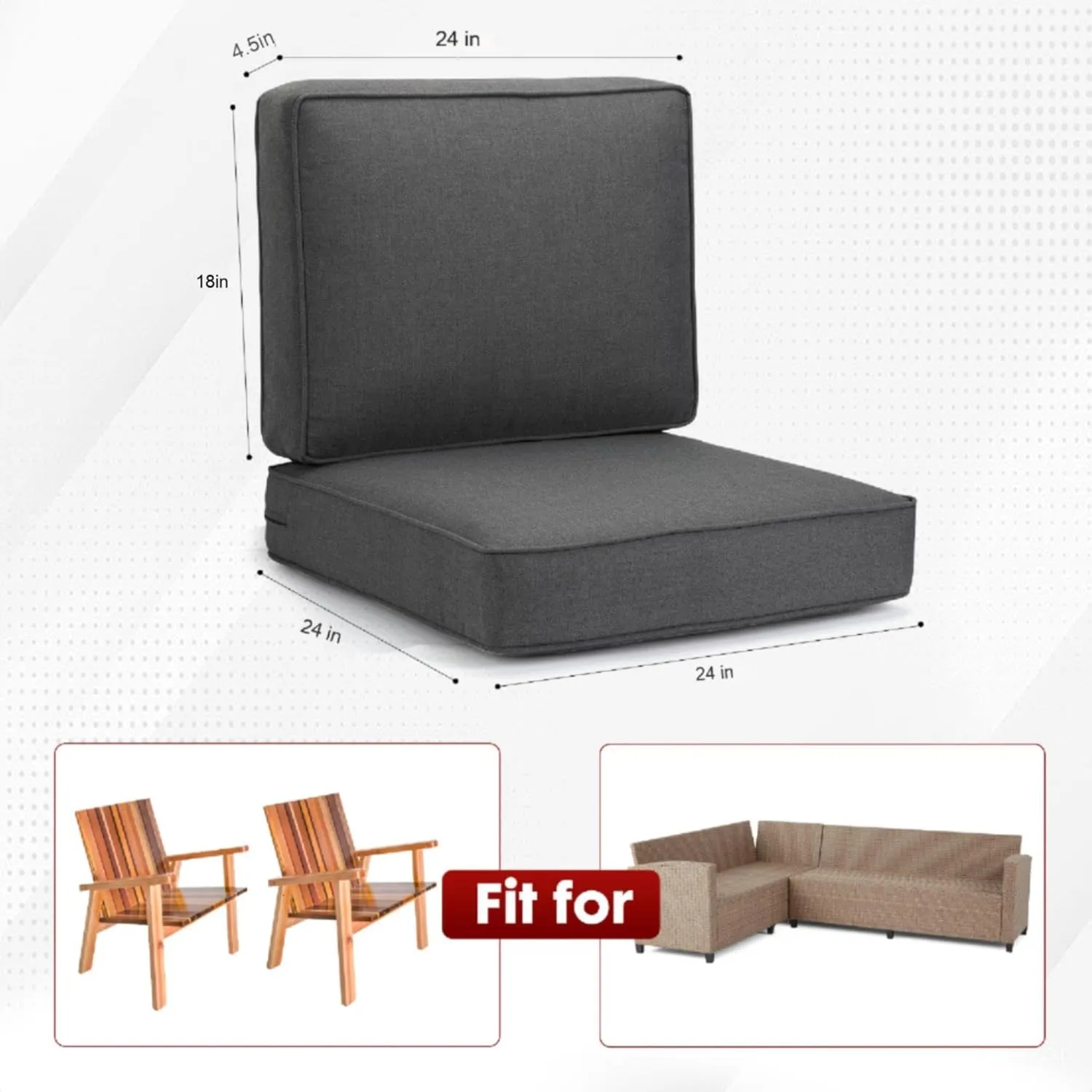 Outdoor Deep Seating Cushion Set, 24" x 24", Patio Chair Deep Seat Cushion and Back Cushion (1, Grey)