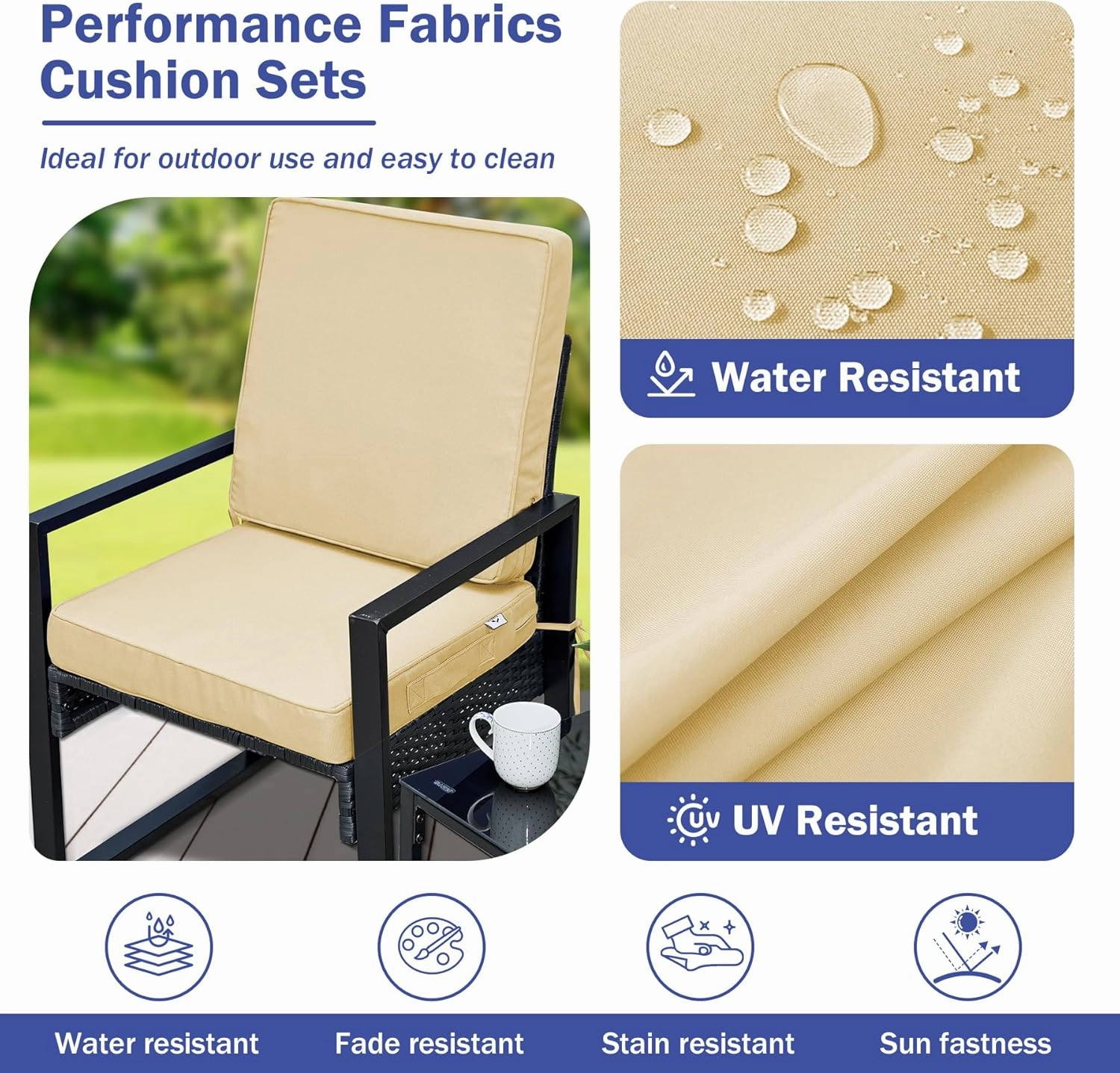 Outdoor Seat Cushion Set 24 x 24 x 4 Inch, Outdoor Cushions for Patio Furniture, Waterproof & Fade Resistant Outdoor Chair Cushions, Deep Seat Cushions with Removable Cover, Beige