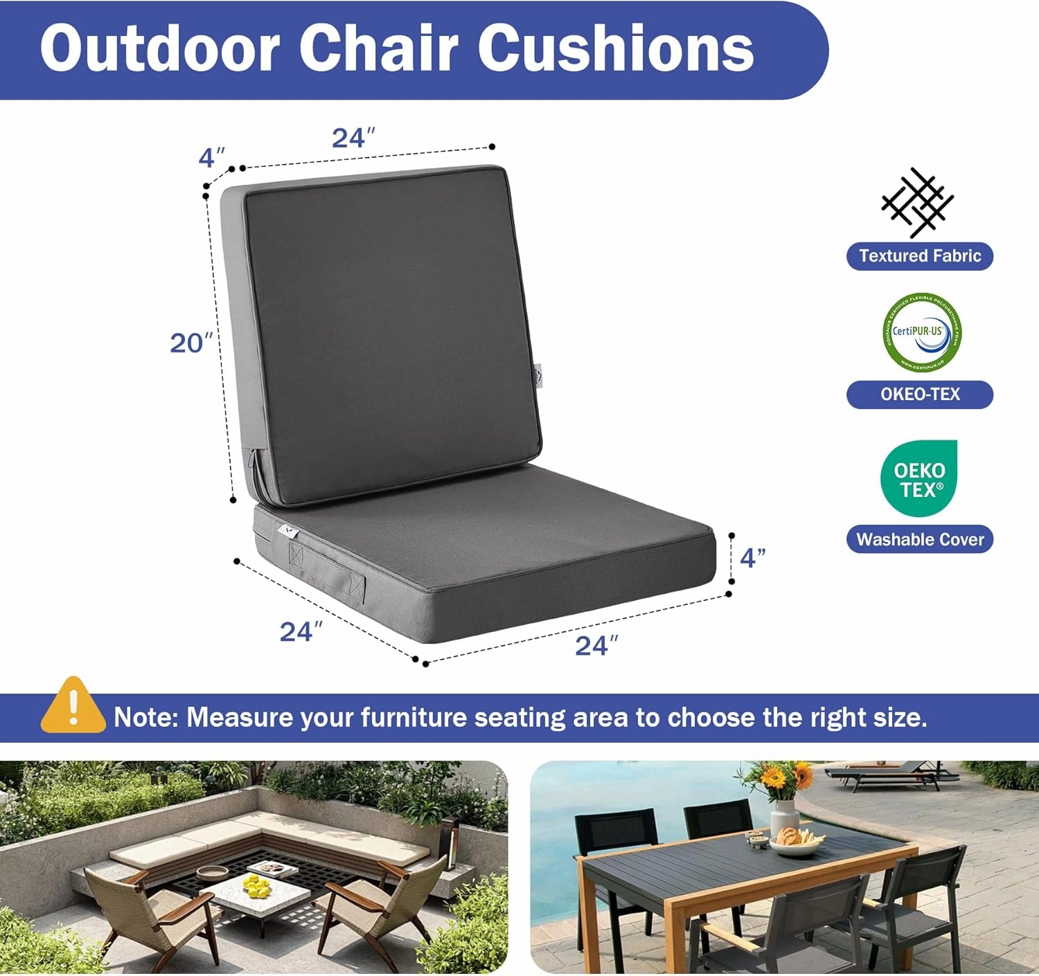 Outdoor Seat Cushion Set 24 x 24 x 4 Inch, Outdoor Cushions for Patio Furniture, Waterproof & Fade Resistant Outdoor Chair Cushions, Deep Seat Cushions with Removable Cover, Dark Grey