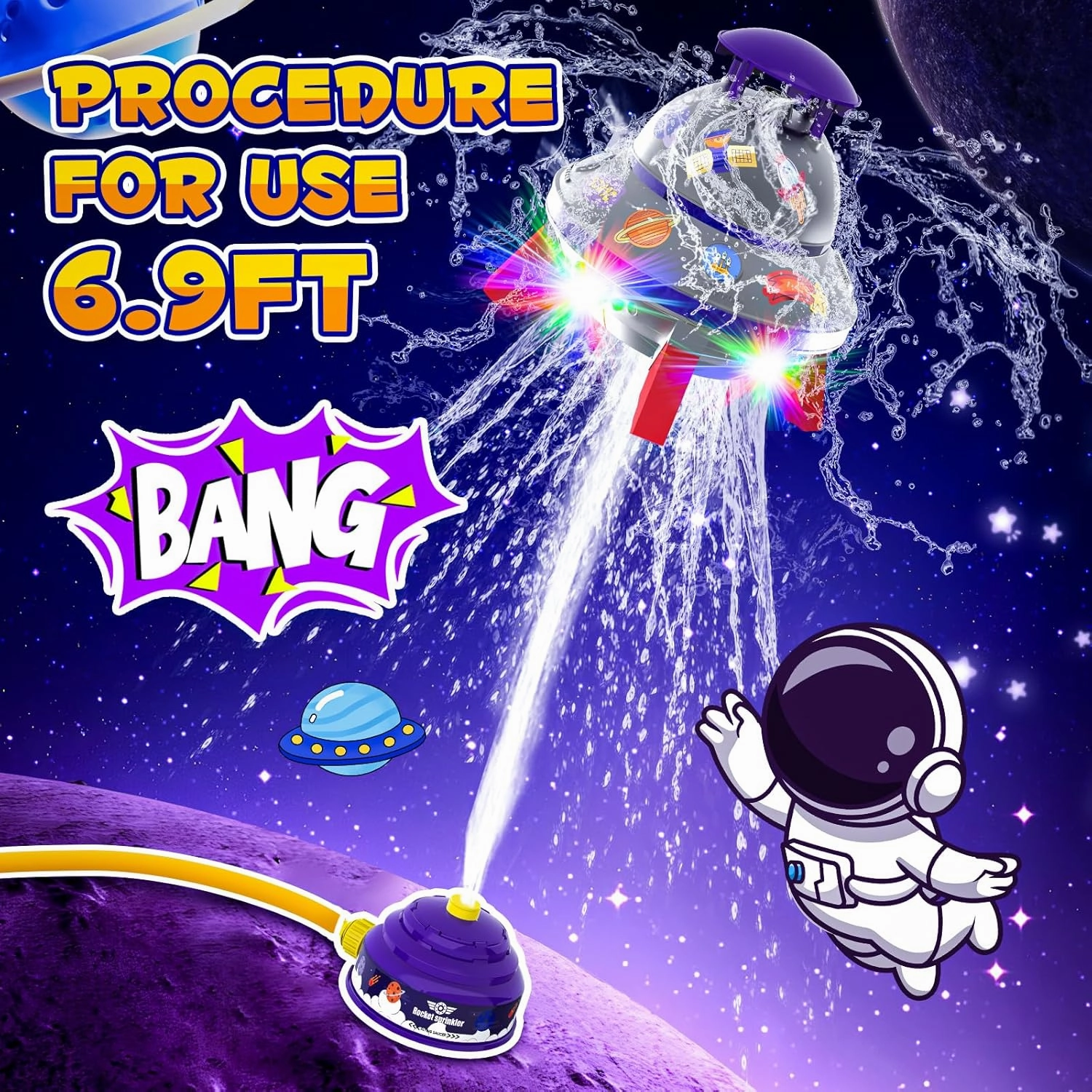 Outdoor Water Sprinkler Toys for Kids, Summer Water UFO Spaceship Rocket Sprinklers Launch Toys with Light, Ideal Holiday Backyard Lawn Yard Game Birthday Gift for Boys Girls 3 Years and Up (Purple)