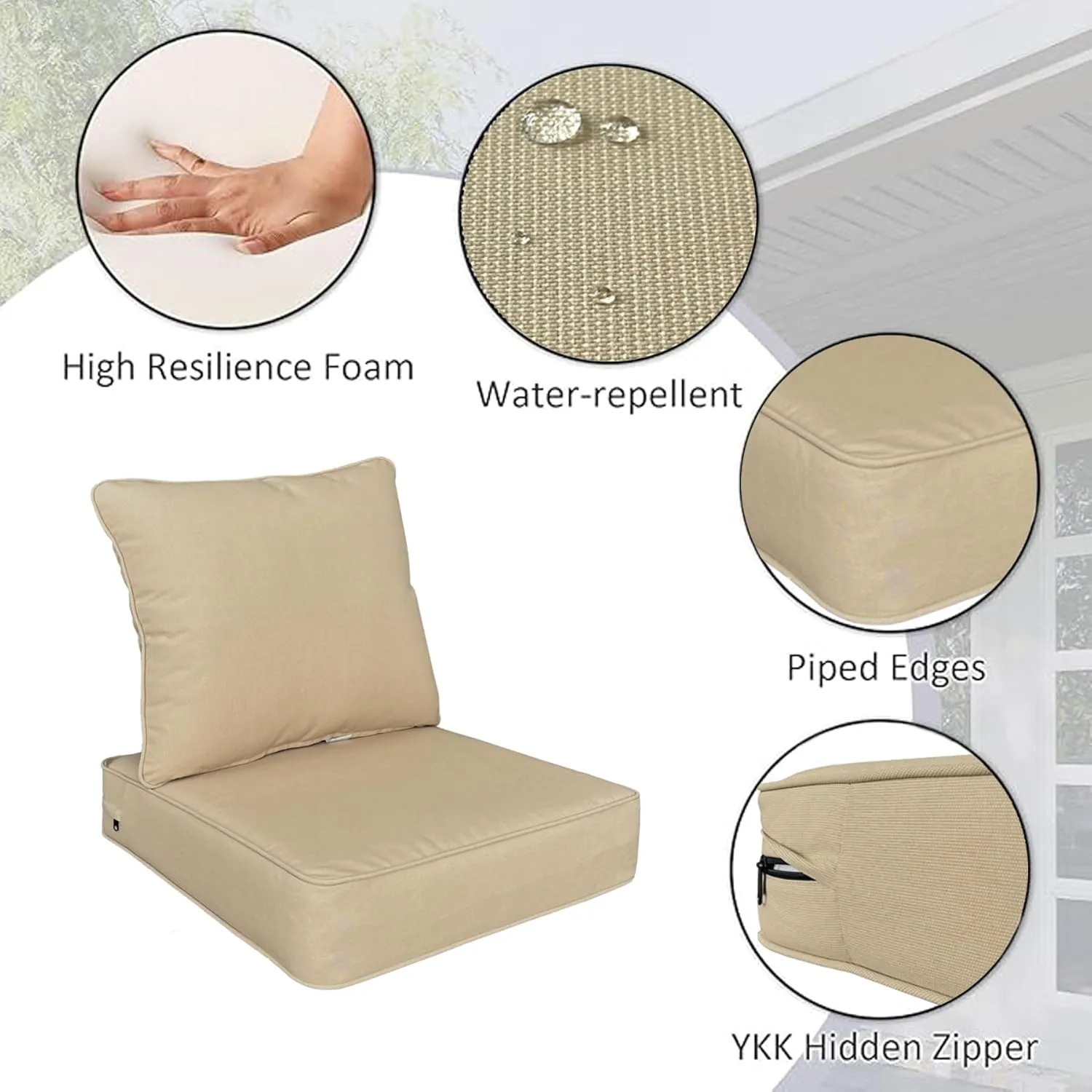 Outdoor/Indoor 22x24 inch Deep Seat Patio Cushions Set of 2 Resilient Foam Filling Water Repellent Stain-Resistant UV Resistant Weather Resistant Patio Cushions Beige