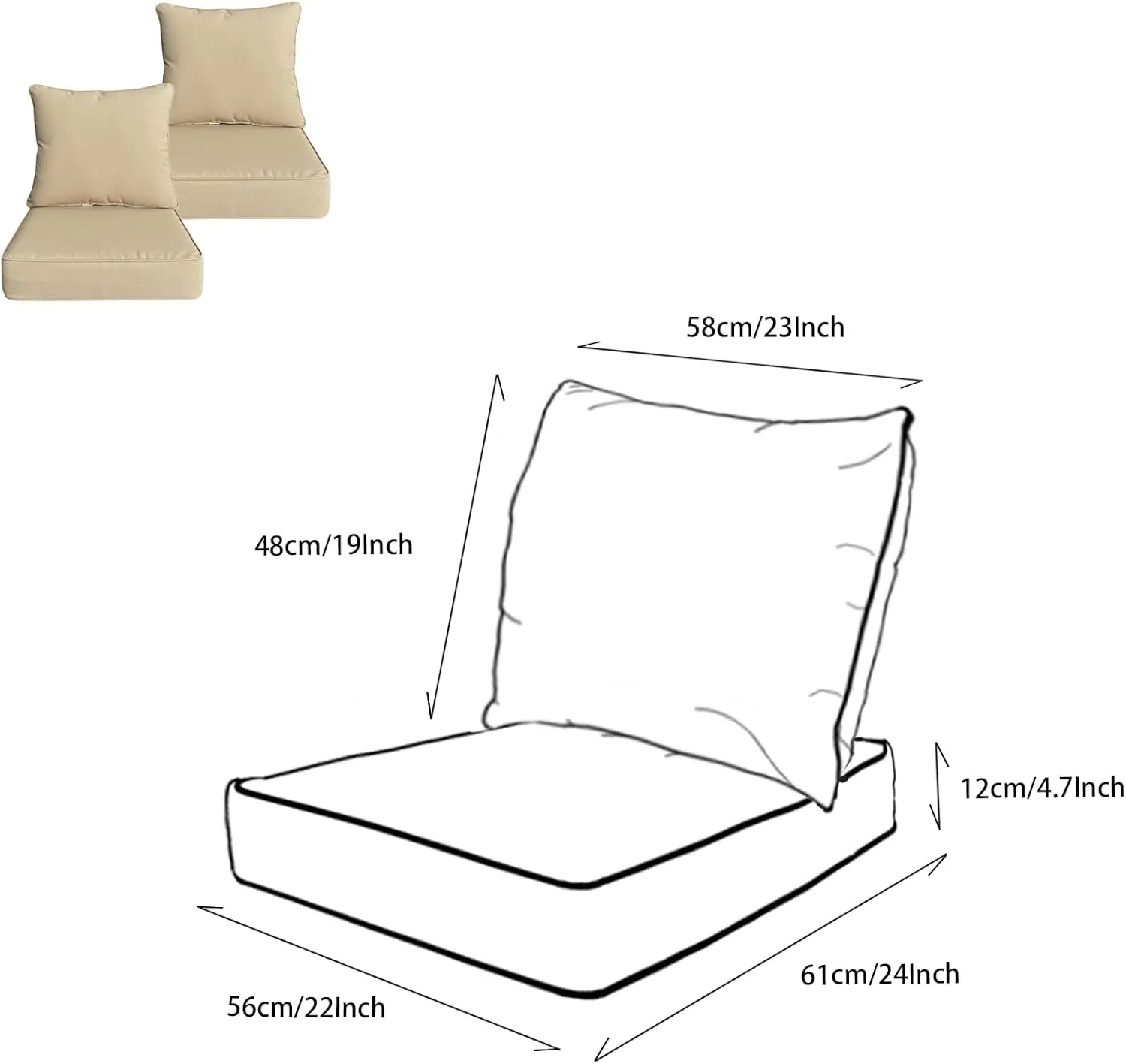 Outdoor/Indoor 22x24 inch Deep Seat Patio Cushions Set of 2 Resilient Foam Filling Water Repellent Stain-Resistant UV Resistant Weather Resistant Patio Cushions Beige