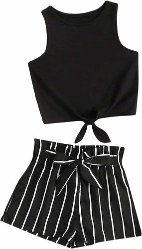 OYOANGLE Girl's 2 Piece Outfits Summer Tie Knot Tank Top and Paperbag Waist Striped Shorts Set