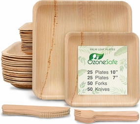 OzoneSafe (150 pcs) Palm Leaf Plates Set – 25 X 10 and 25 X 7 inch square plates, with 50 forks and 50 knives - Heavy duty & Compostable - Better than disposable plates
