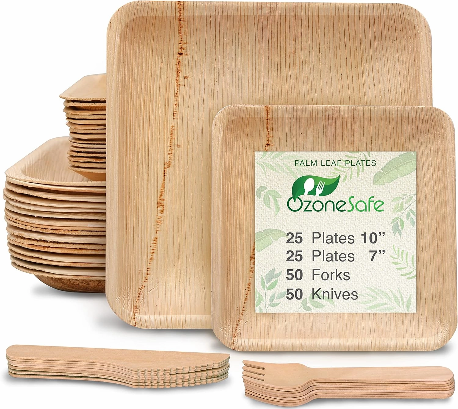 OzoneSafe (150 pcs) Palm Leaf Plates Set – 25 X 10 and 25 X 7 inch square plates, with 50 forks and 50 knives - Heavy duty & Compostable - Better than disposable plates