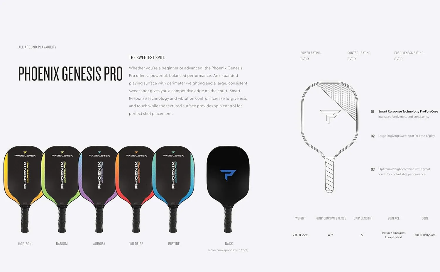 Paddletek Phoenix Genesis Pro - Professional Pickleball Paddles with Honeycomb Core – SRT Pro PolyCore & Fiberglass Epoxy Surface - High Tack Performance Grip – 7.8 oz to 8.2 oz – USAPA Approved