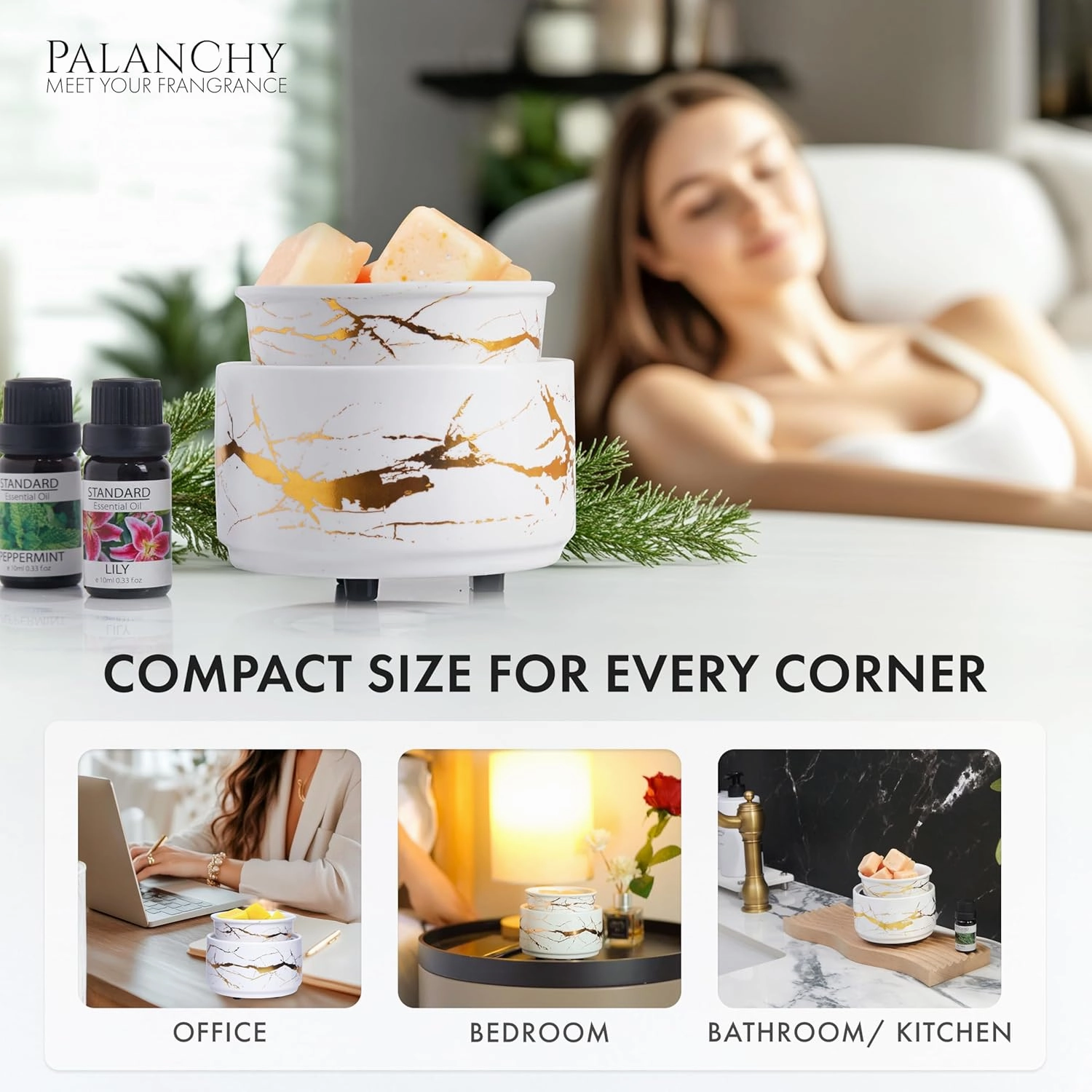 PALANCHY Wax Melt Warmer Ceramic 3-in-1 Oil Burner Electric Candle Wax Warmer Burner Melter Fragrance Warmer for Scented Waxs Home Office Bedroom Aromatherapy Gift& Décor