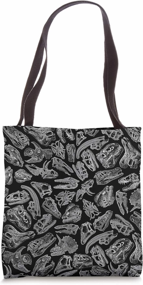 Paleontology Dinosaur Fossil Dino Skulls Pattern Black Tote Bag