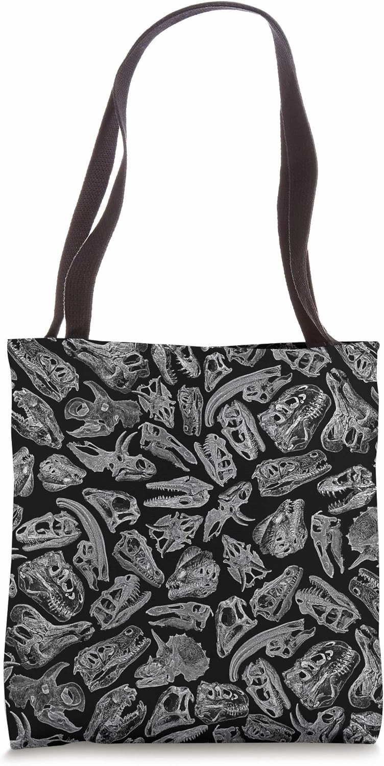 Paleontology Dinosaur Fossil Dino Skulls Pattern Black Tote Bag