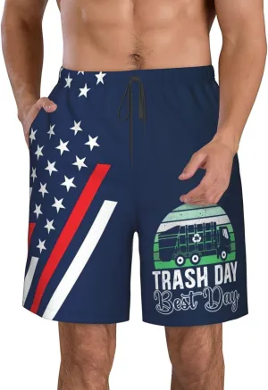 PAUPPY Trash Day Best Day Waste Management Garbage Truck Mens Swim Trunks with Liner Women Bathing Suits Shorts with Pockets White-L