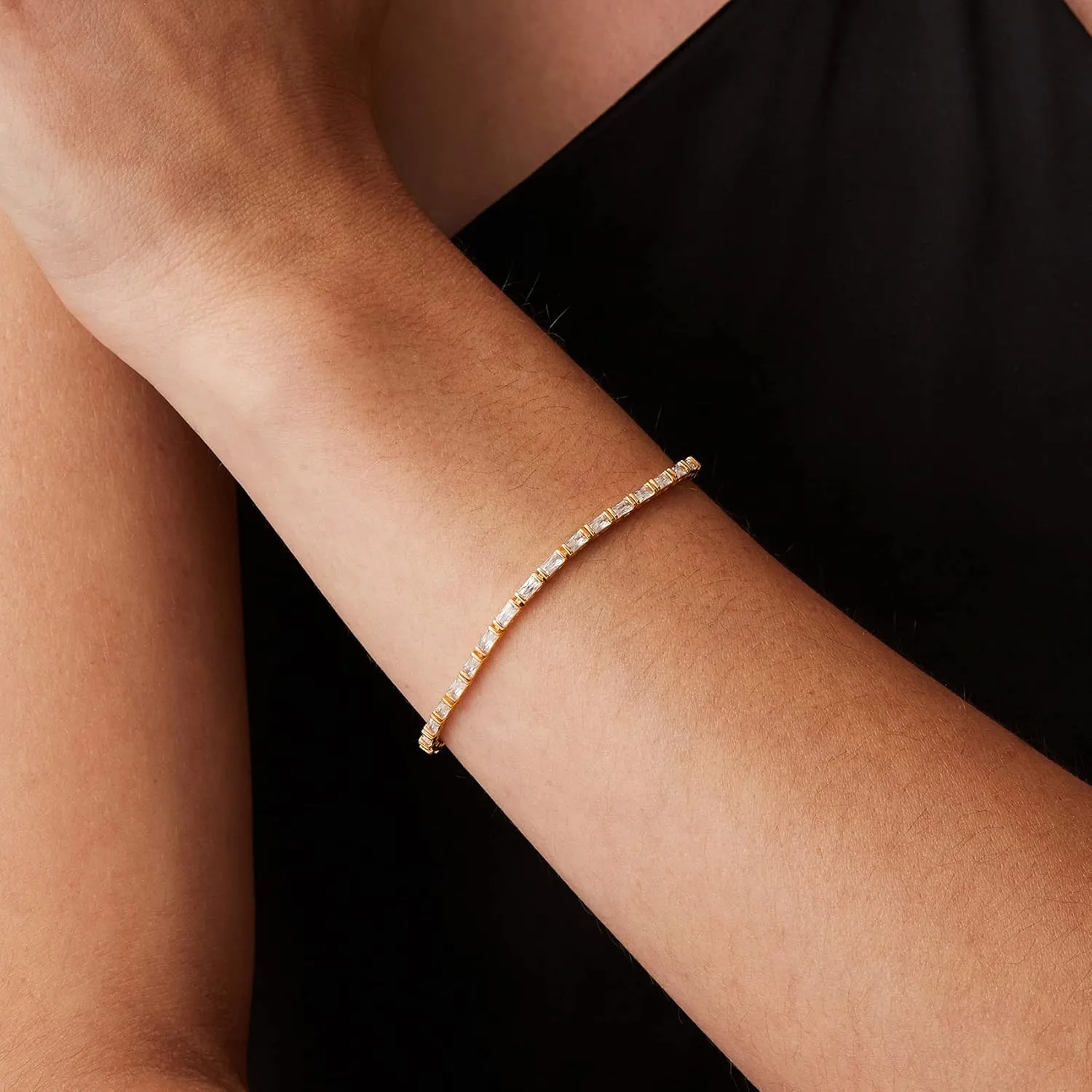 PAVOI 14K Gold Plated CZ Tennis Bracelet For Women | Classic Emerald Cut Simulated Diamond Bracelet