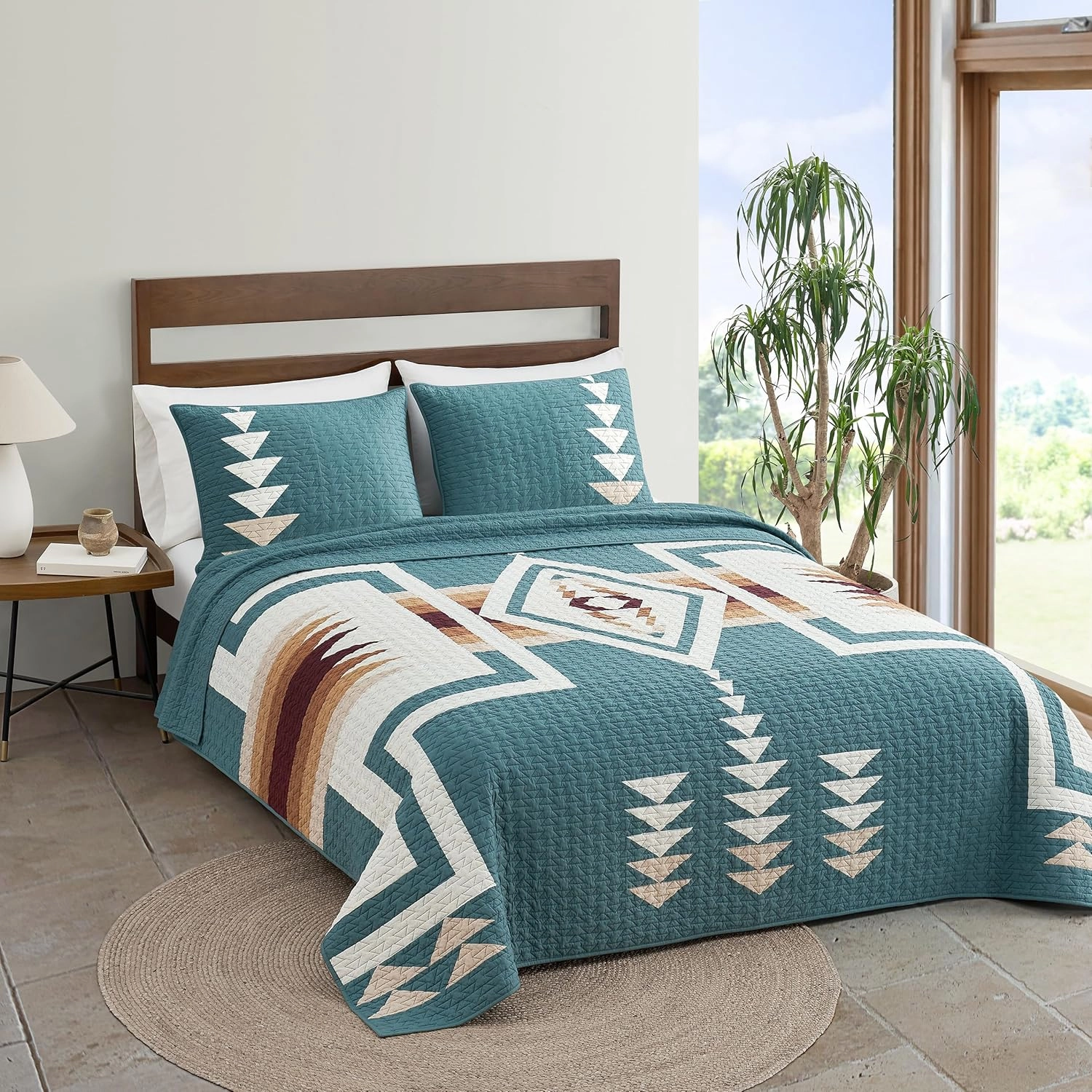 PENDLETON Harding Green Twin Comforter with Matching Pillow Sham, Breathable Cotton Boho Geometric Quilted Blanket Reverable Bed Cover for All Seasons, Twin, Green