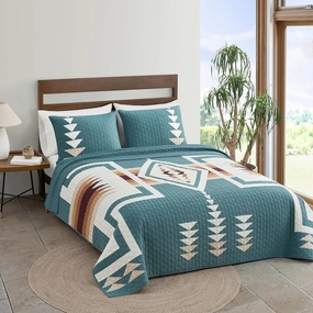 PENDLETON Harding Green Twin Comforter with Matching Pillow Sham, Breathable Cotton Boho Geometric Quilted Blanket Reverable Bed Cover for All Seasons, Twin, Green