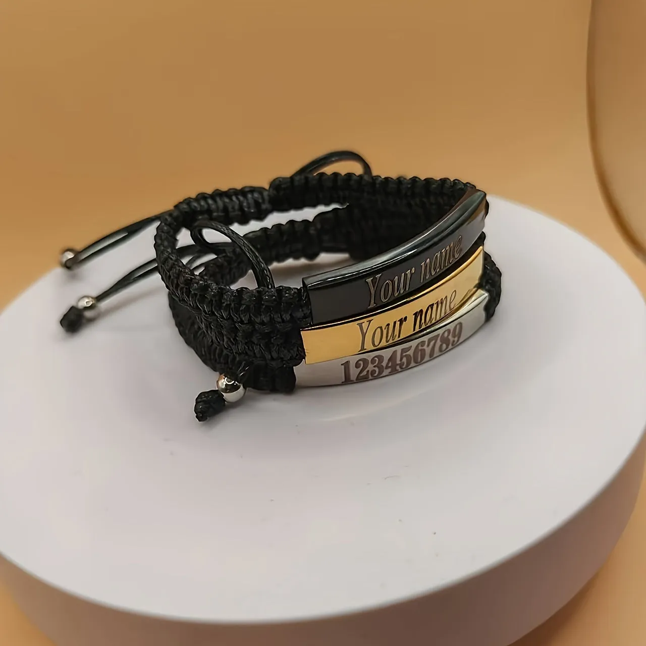 Personalized Woven Bracelet with Engraved Names - Spanish & Portuguese