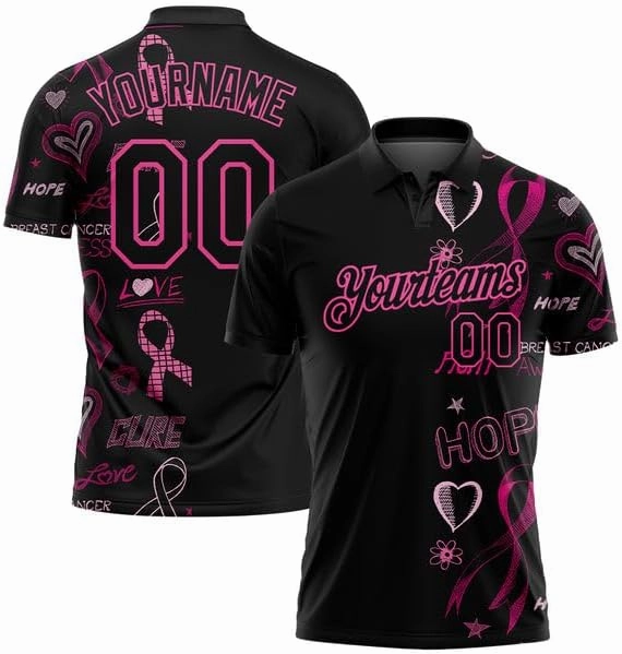 Personalized Name,Custom Jersey, Polo Sport, Black Pink 3D Pink Ribbon Breast Cancer Awareness Month
