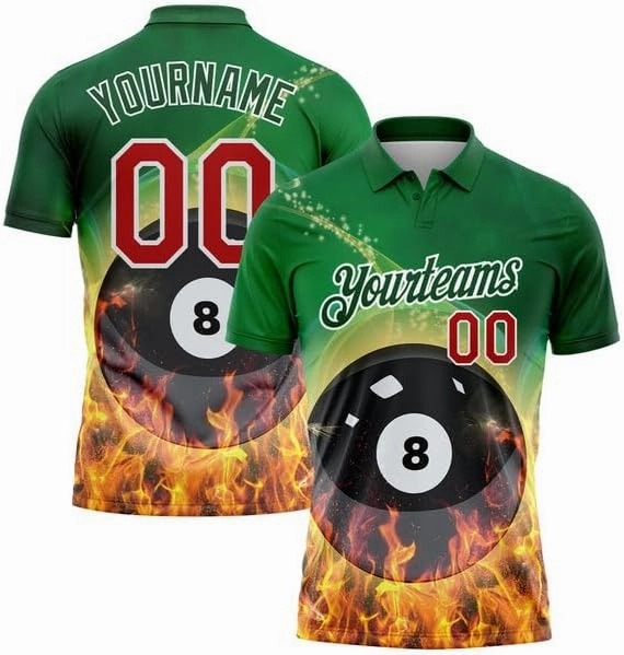 Personalized Name,Custom Jersey, Polo Sport, Green Red-White 3D Pattern Design Flame Billiards 8 Ball