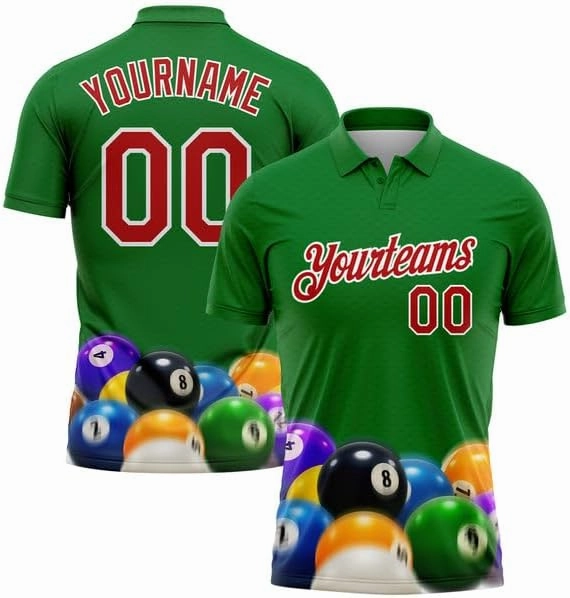 Personalized Name,Custom Jersey, Polo Sport, Green Red-White 3D Pattern Design Flame Billiards 8 Ball