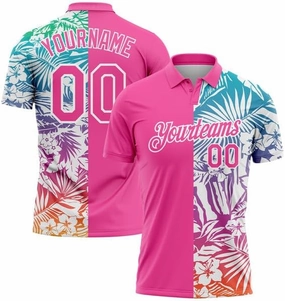 Personalized Name,Custom Jersey, Polo Sport, Pink White 3D Pattern Design Tropical Palm Leaves Performance