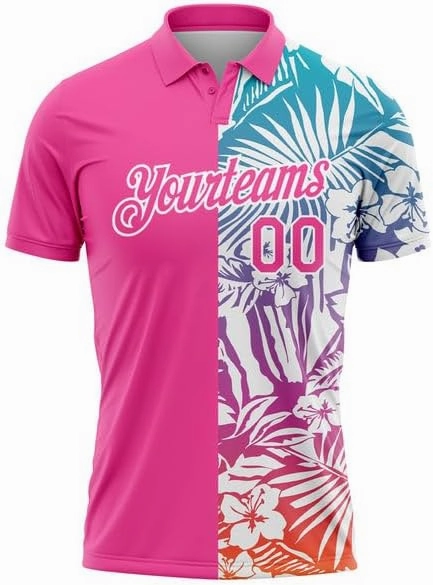 Personalized Name,Custom Jersey, Polo Sport, Pink White 3D Pattern Design Tropical Palm Leaves Performance