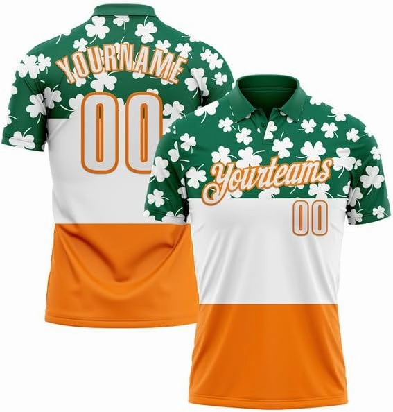 Personalized Name, Short Sleeve Shirt, Polo Sport, Navy Bay Orange-Green 3D St. Patrick's Day Polo
