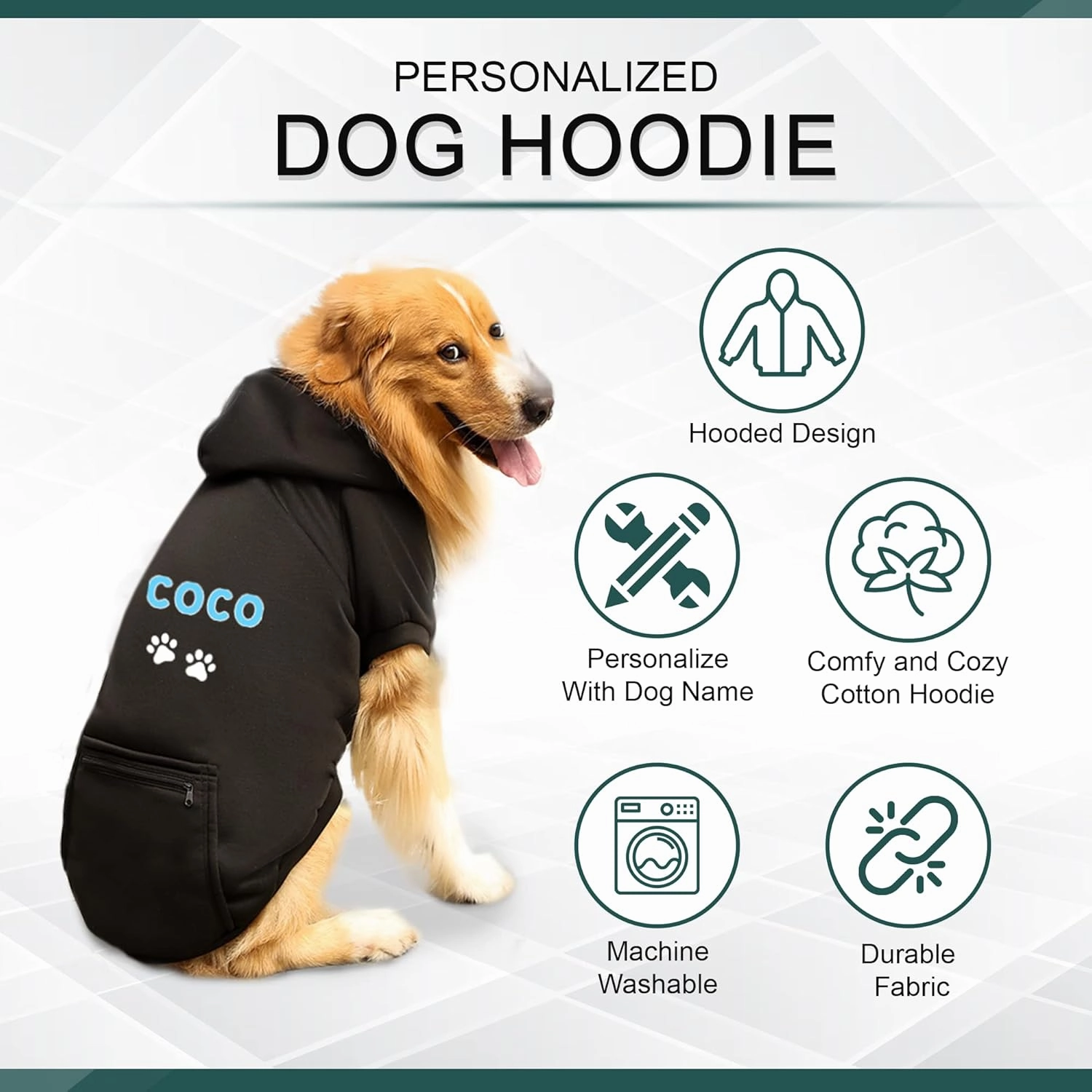 Personalized Passion Dog Hoodie with Embroidered Name and Paws - Stylish Custom Hooded Dog Sweatshirt - Black Cotton Pet Hoodies Winter Pullover with Pockets - Small