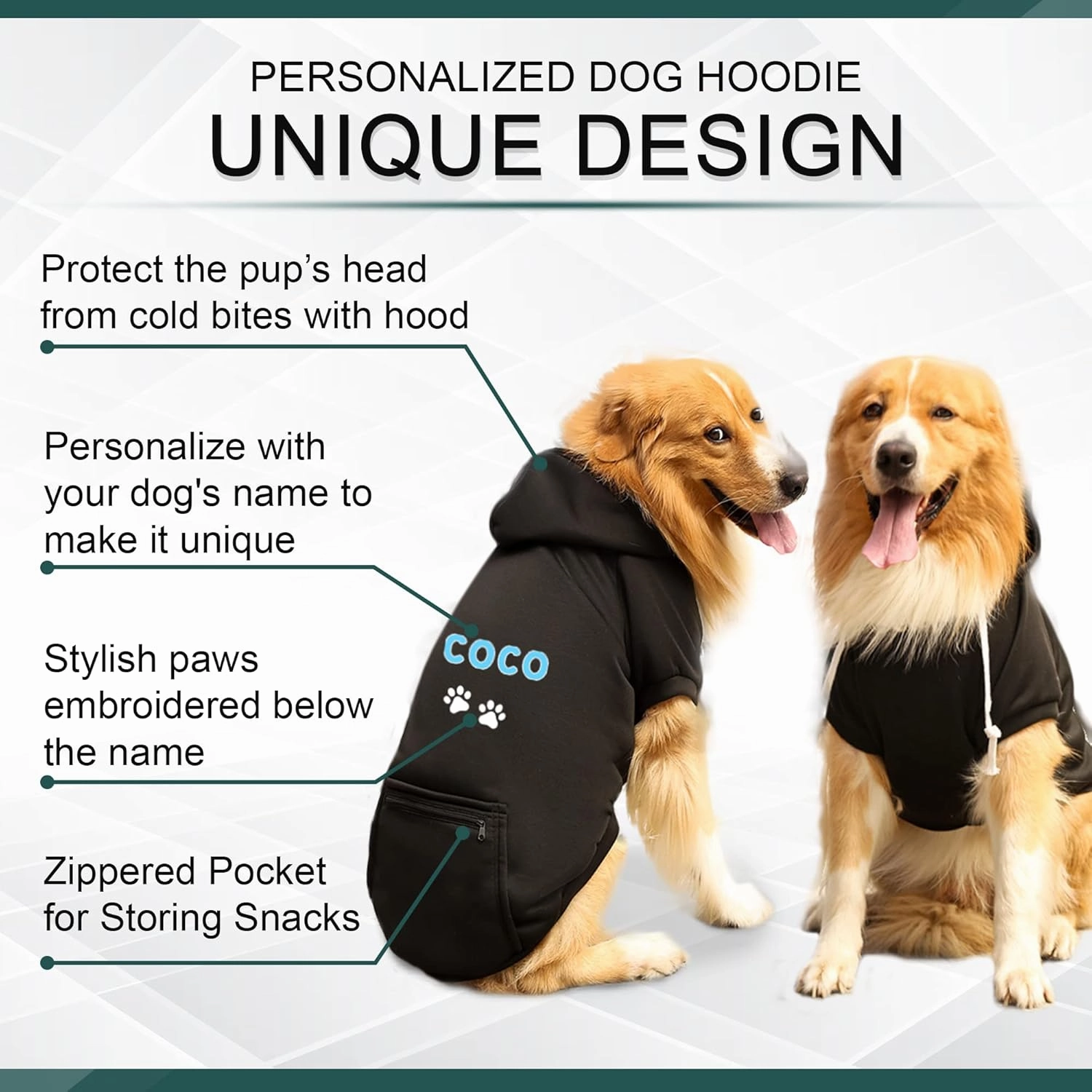 Personalized Passion Dog Hoodie with Embroidered Name and Paws - Stylish Custom Hooded Dog Sweatshirt - Black Cotton Pet Hoodies Winter Pullover with Pockets - Small