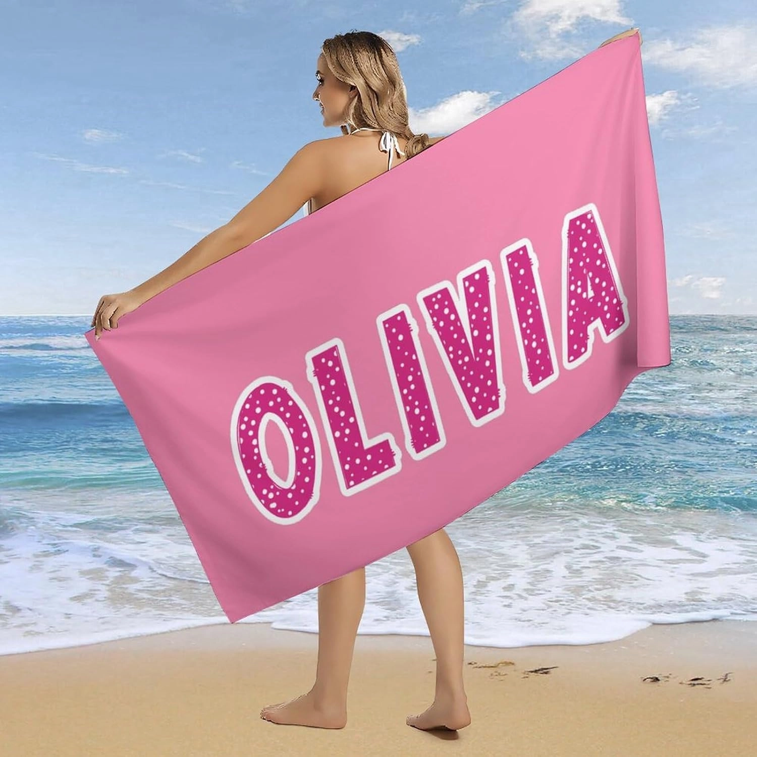 Personalized Pink And White Pink Striped Beach Towels for Mens Kids Gift Customized Pink And White Swim Towel Designer Fast Drying Stripe Sand Beach Towel for Toddler Girl Bathroom