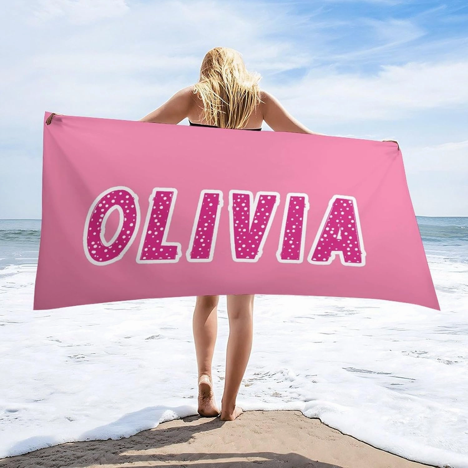 Personalized Pink And White Pink Striped Beach Towels for Mens Kids Gift Customized Pink And White Swim Towel Designer Fast Drying Stripe Sand Beach Towel for Toddler Girl Bathroom