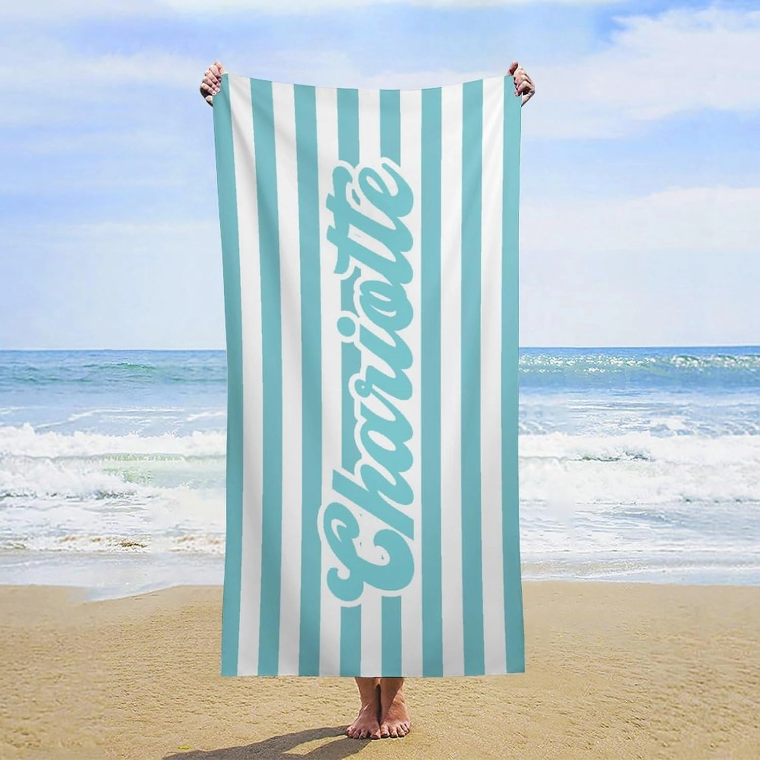 Personalized Teal And White Striped Beach Towels for Adults Men Gift Custom Teal And White Pool Towel Designer Sand Free Names Swimming Towel for Teen Summer Gifts