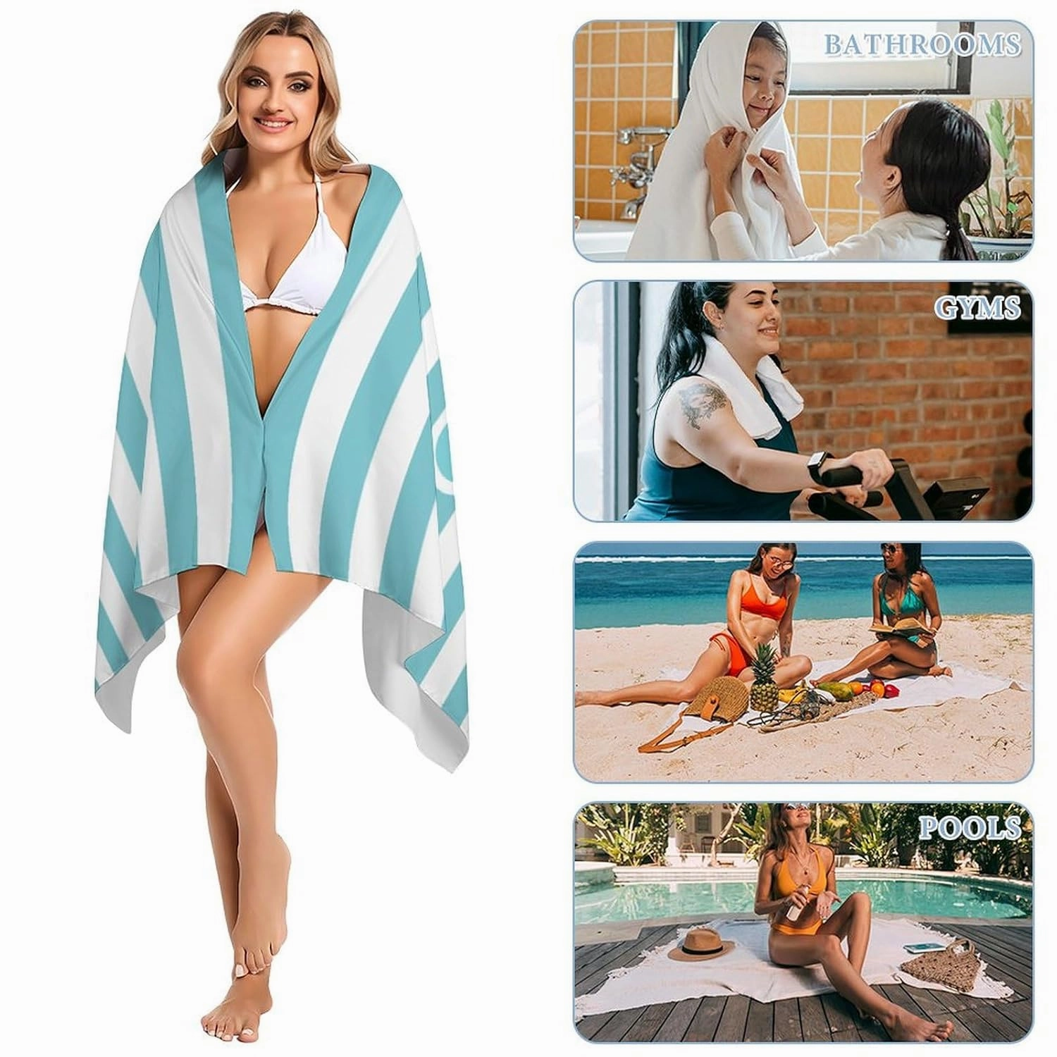 Personalized Teal And White Striped Beach Towels for Adults Men Gift Custom Teal And White Pool Towel Designer Sand Free Names Swimming Towel for Teen Summer Gifts