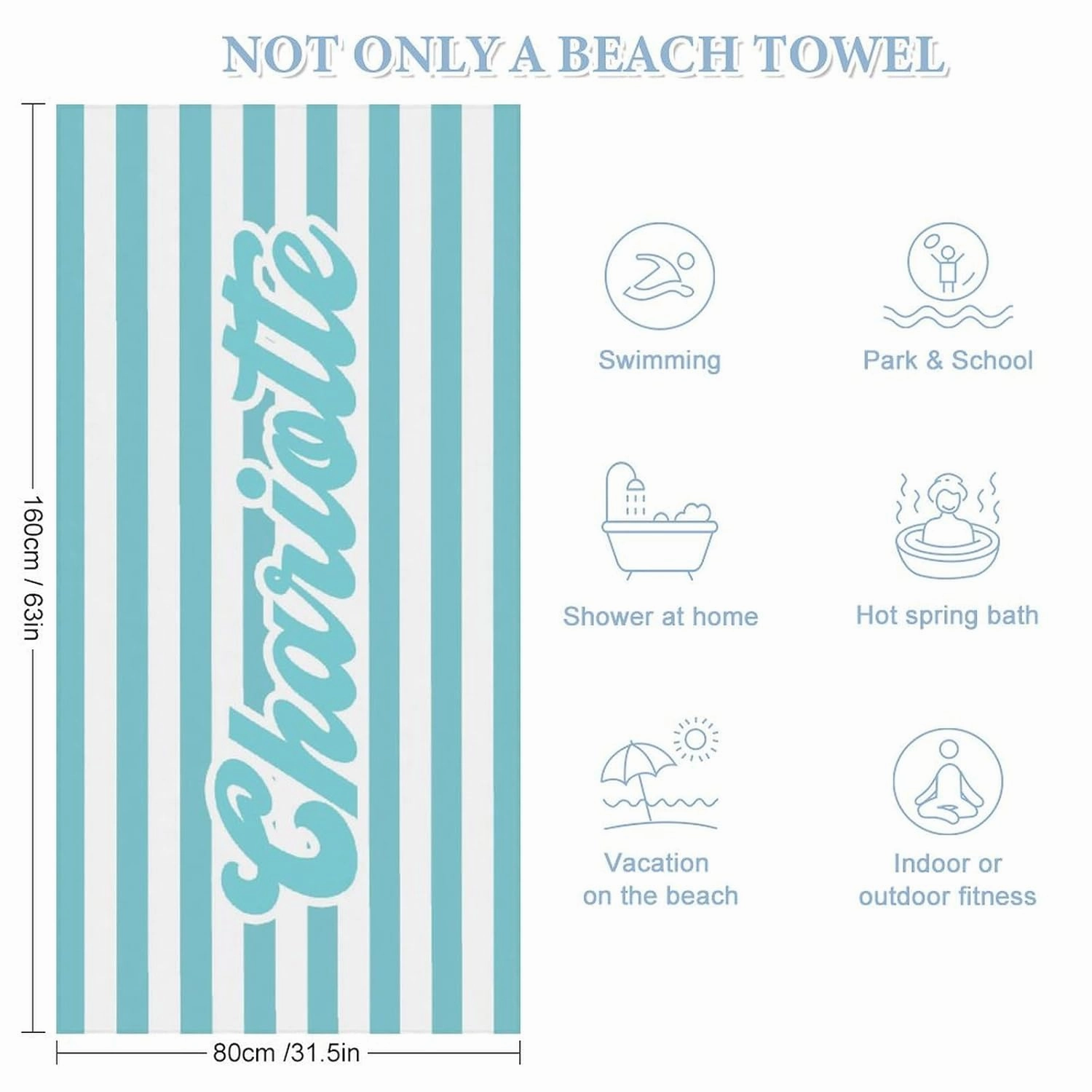 Personalized Teal And White Striped Beach Towels for Adults Men Gift Custom Teal And White Pool Towel Designer Sand Free Names Swimming Towel for Teen Summer Gifts