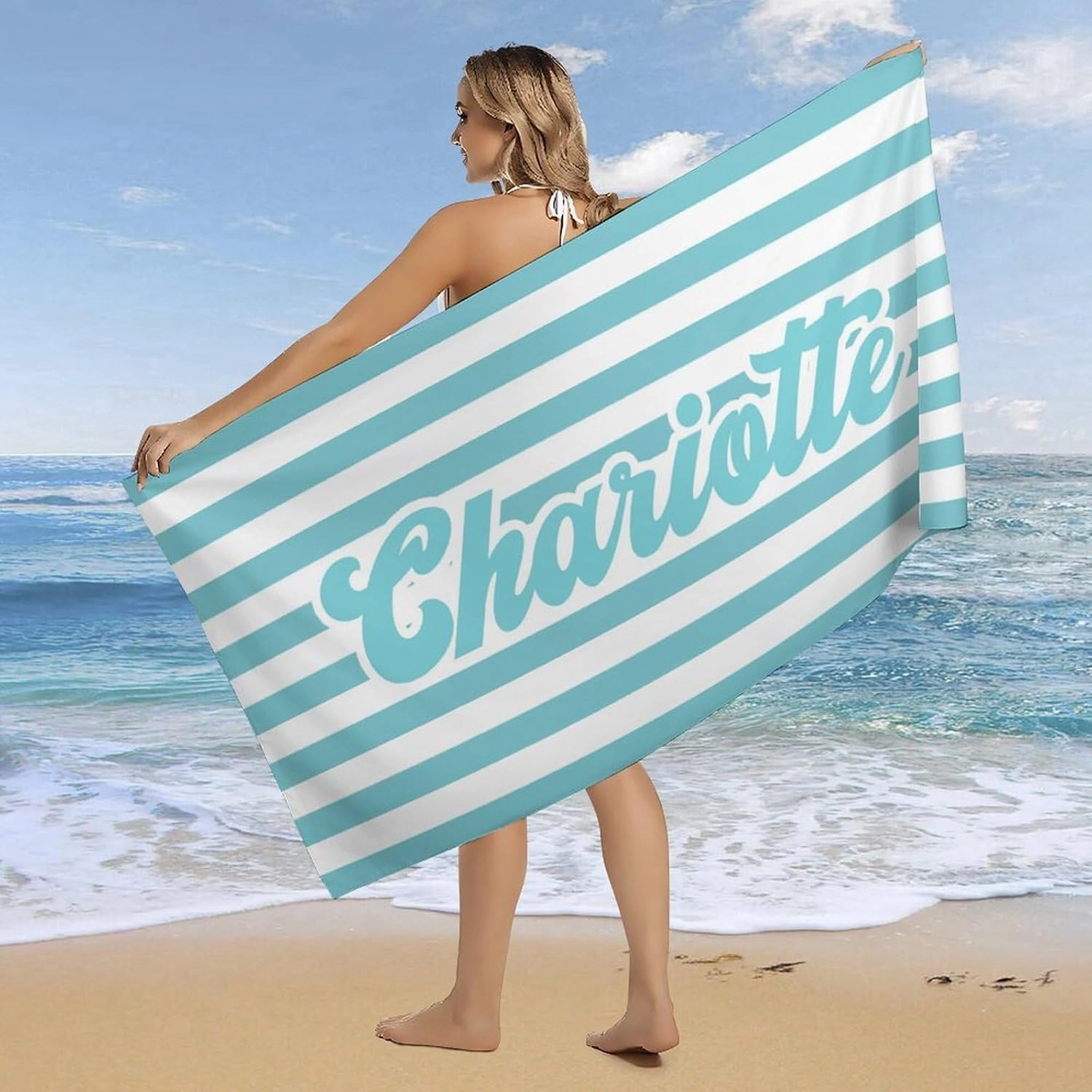 Personalized Teal And White Striped Beach Towels for Adults Men Gift Custom Teal And White Pool Towel Designer Sand Free Names Swimming Towel for Teen Summer Gifts