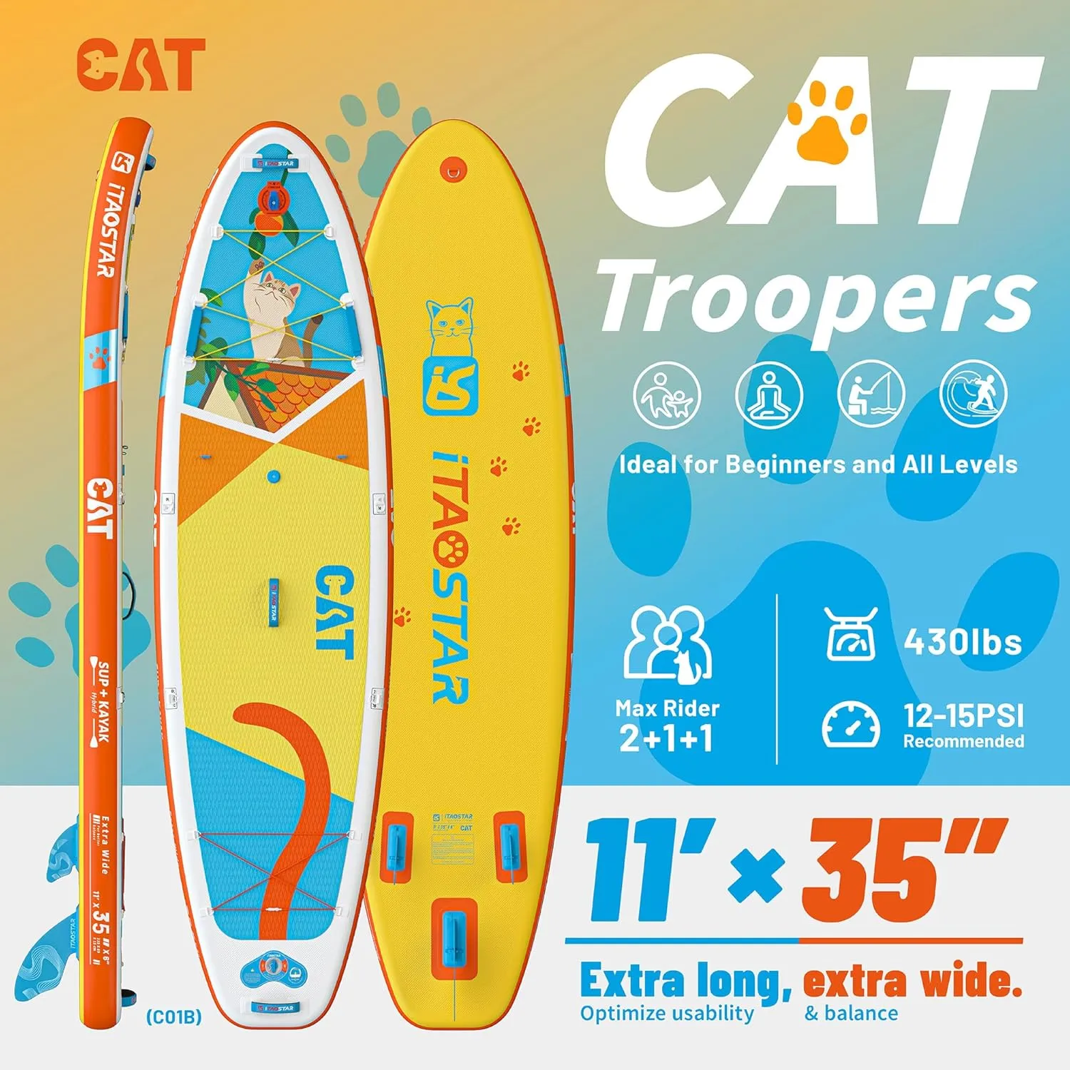 Pets 8'×29" / 11'×35" / 11'6"×34" Inflatable Paddle Board, One-Stop Premium SUP Accessories, Extra Wide Paddle Board for More Balance, Tailored Fins for More Fun