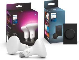 Philips Hue (1) Black Tap Dial Light Switch with (2) Smart 85W BR30 LED Bulb, White and Color Ambiance Color-Changing Light, 1200LM, E26 - Requires Bridge - Control with Hue App or Voice Assistant