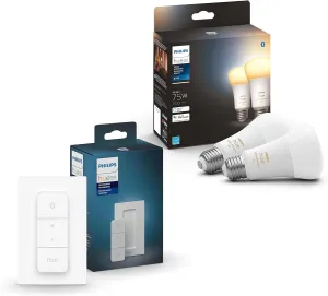 Philips Hue (2) 75W A19 White Ambiance LED Smart Bulbs E26 with Philips Hue (1) Wall Smart Dimmer Switch and Remote, Installation-Free, White, Requires Hue Bridge