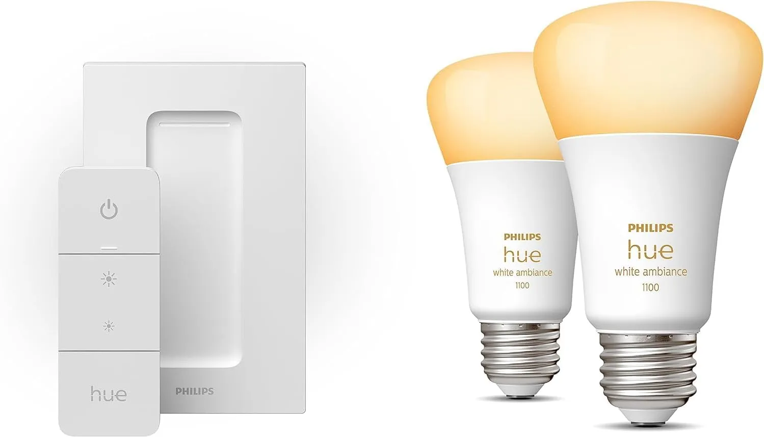 Philips Hue (2) 75W A19 White Ambiance LED Smart Bulbs E26 with Philips Hue (1) Wall Smart Dimmer Switch and Remote, Installation-Free, White, Requires Hue Bridge