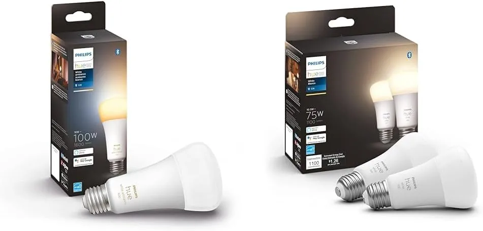 Philips Hue Smart 100W 1600LM Warm-to-Cool White A21 LED Bulb and 75W 1100LM Soft White A19 LED Bulb 2 Pack