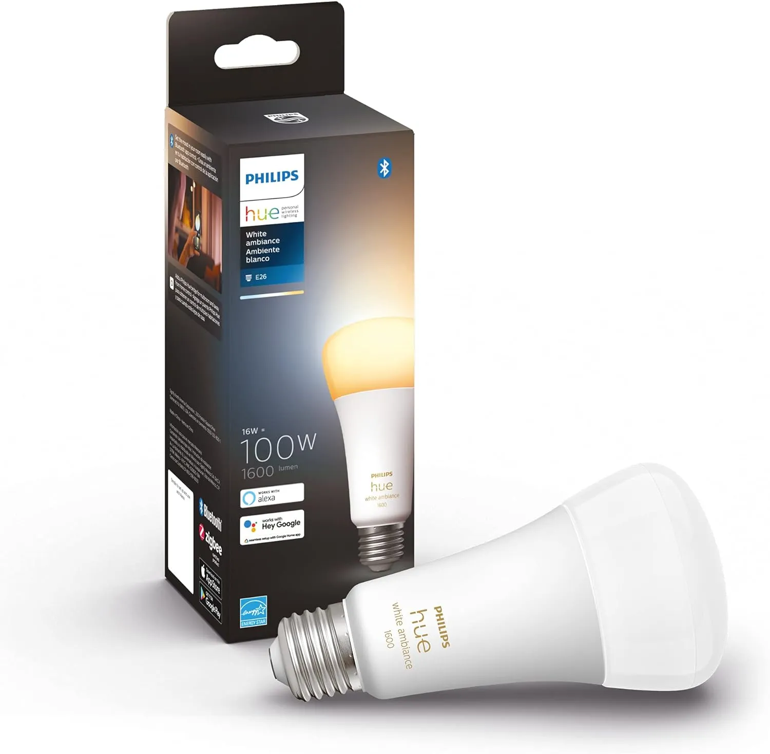 Philips Hue Smart 100W 1600LM Warm-to-Cool White A21 LED Bulb and 75W 1100LM Soft White A19 LED Bulb 2 Pack