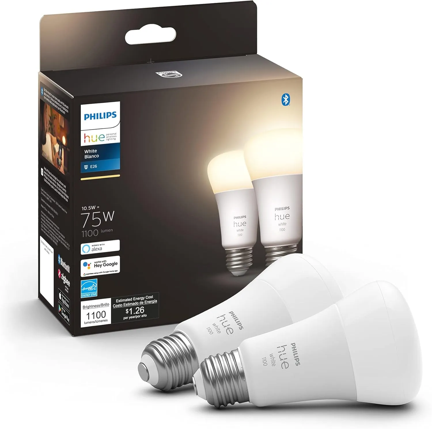 Philips Hue Smart 100W 1600LM Warm-to-Cool White A21 LED Bulb and 75W 1100LM Soft White A19 LED Bulb 2 Pack