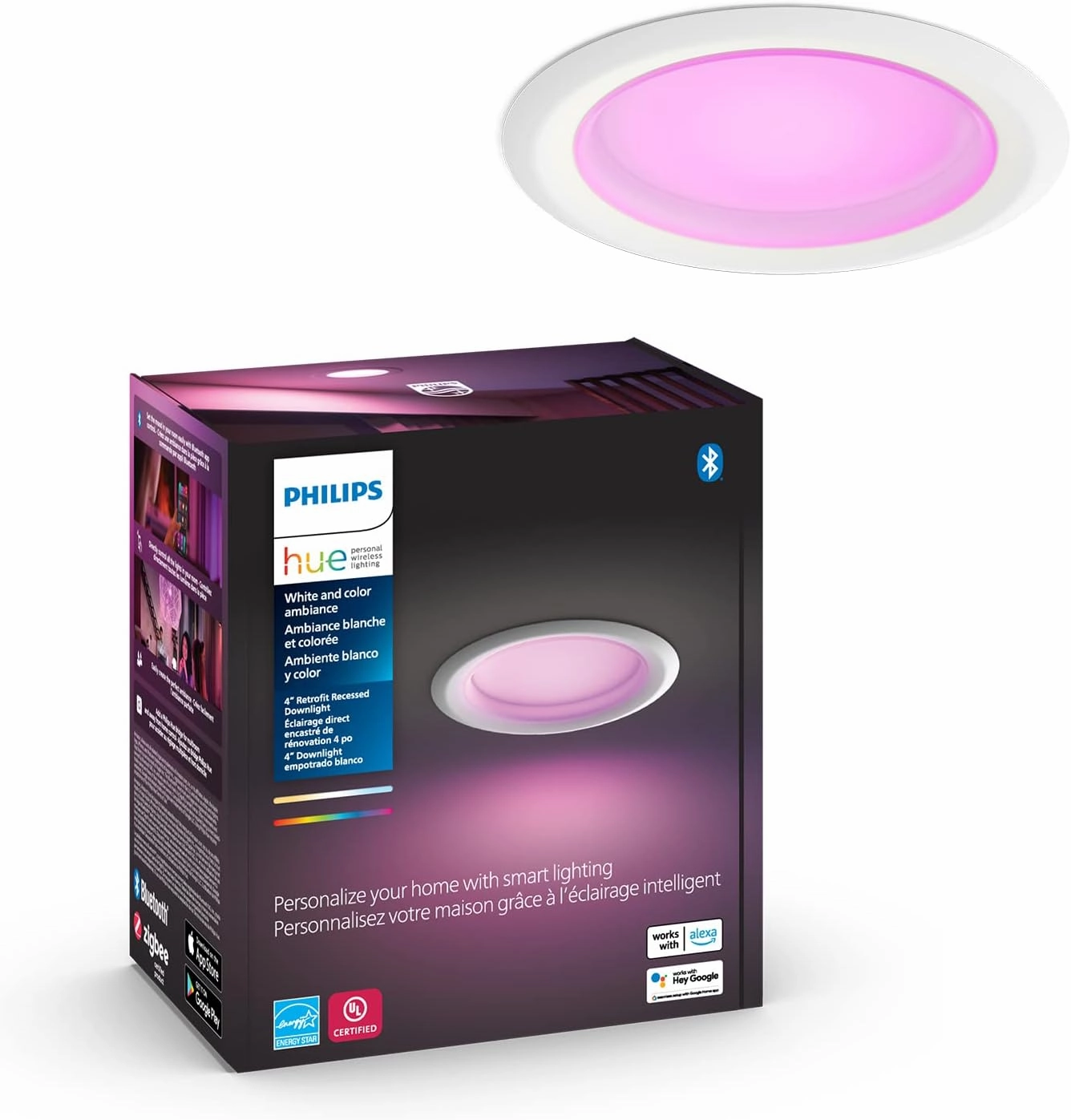 Philips Hue White and Color Ambiance Extra Bright High Lumen Dimmable LED Smart Retrofit Recessed 4" Downlight Compatible with Amazon Alexa Apple HomeKit and Google Assistant