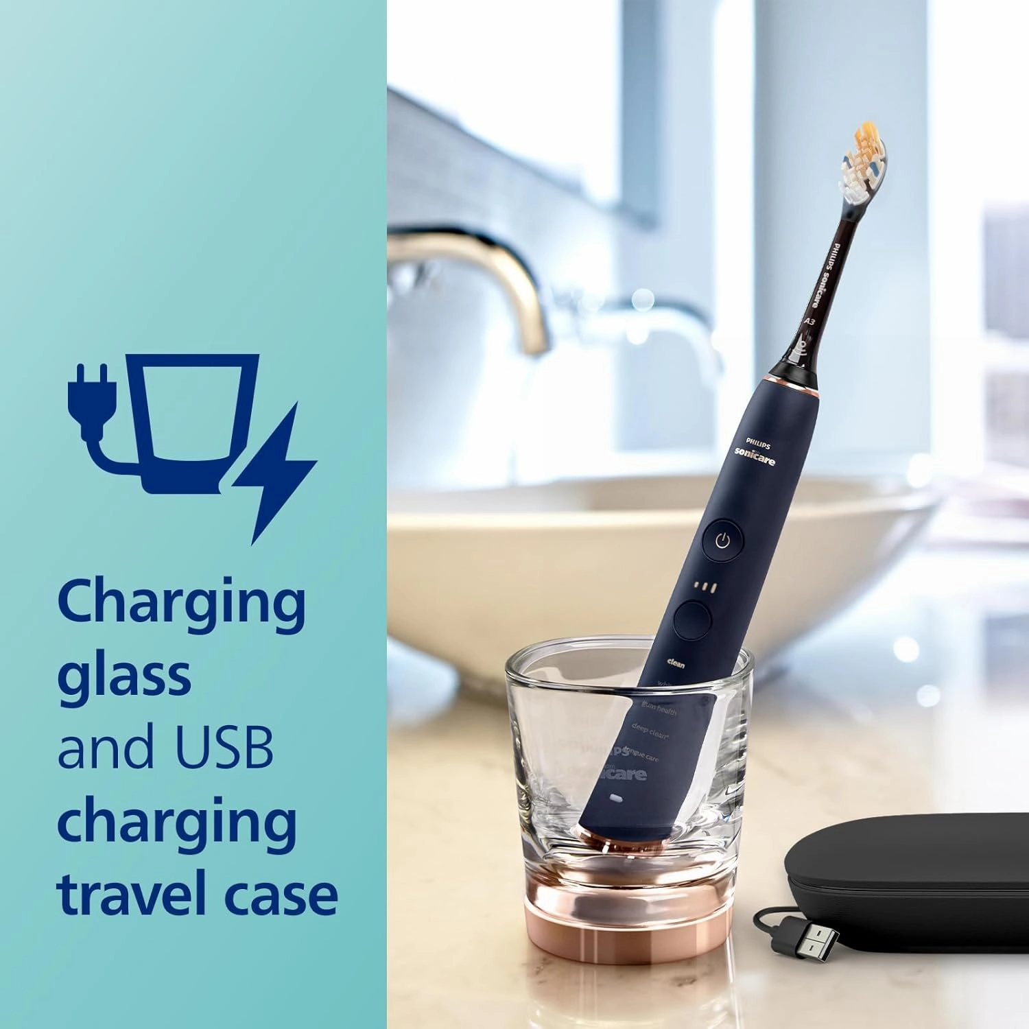 Philips Sonicare DiamondClean Smart 9700 Electric Toothbrush, Sonic Toothbrush with App, Pressure Sensor, Brush Head Detection, 5 Brushing Modes and 3 Intensity Levels, Lunar Blue, Model HX9957/71